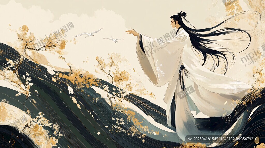 白衣仙人引飛鳥于山水間