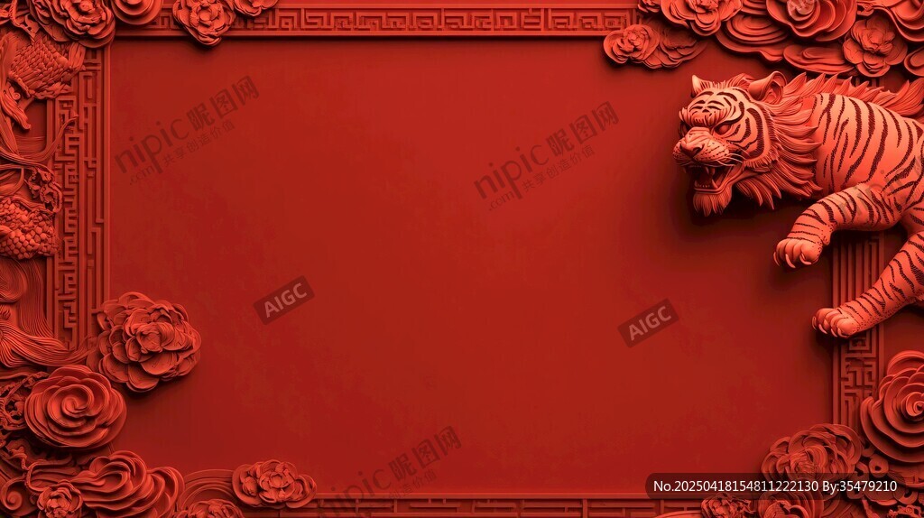 中式紅底老虎雕花邊框圖