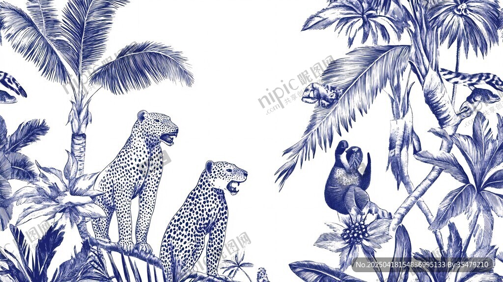 藍(lán)調(diào)叢林動(dòng)物植物插畫