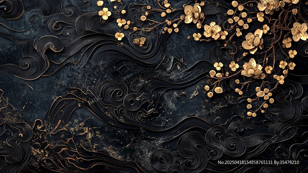黑金中式梅花海浪紋理背景