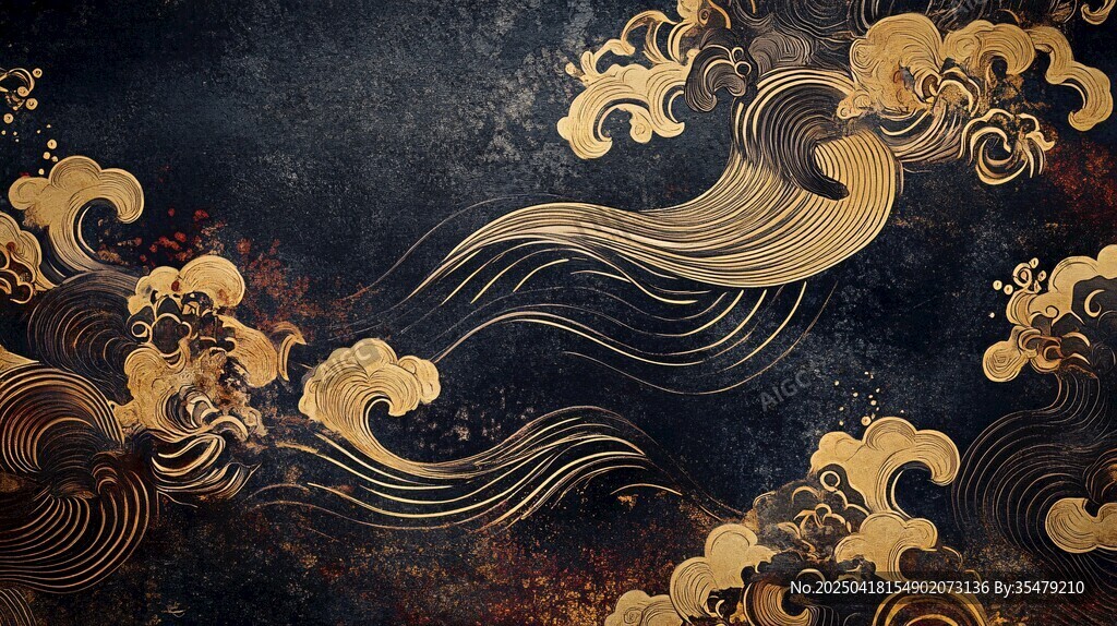 中式黑金海浪云紋背景圖