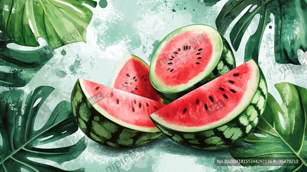 夏日清新西瓜與綠葉插畫