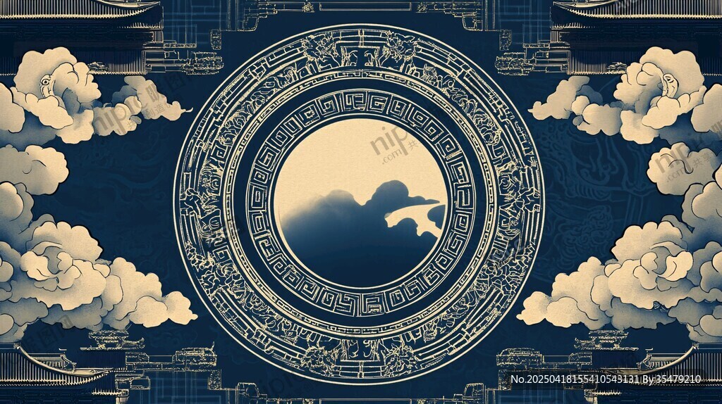 中式古典云海圓月紋飾圖