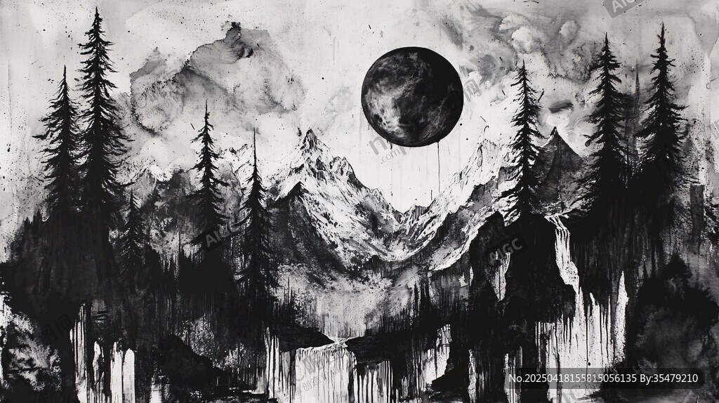 月夜山林水墨奇幻景觀