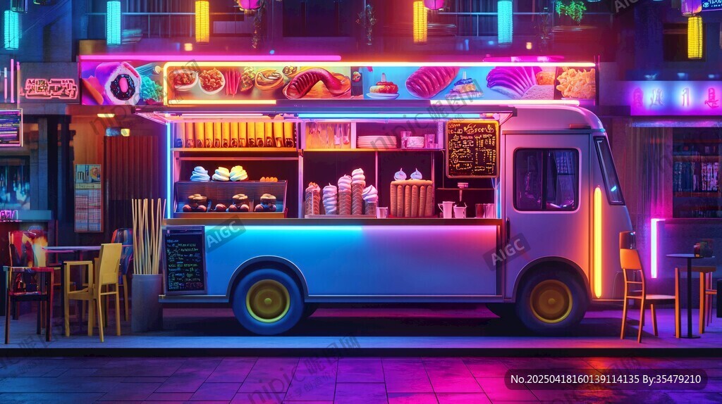 霓虹下的街頭美食餐車
