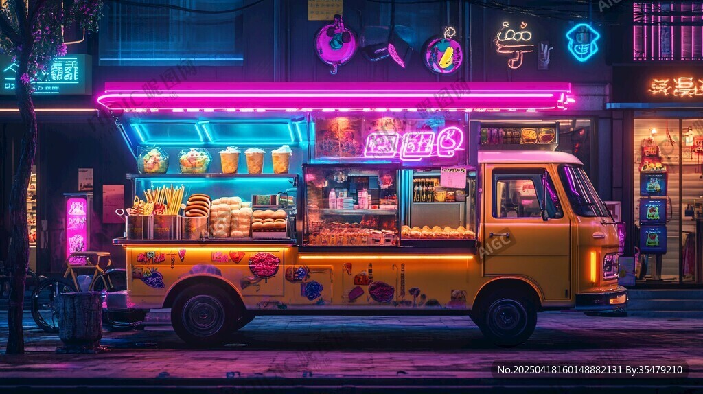 霓虹夜色中的美味餐車
