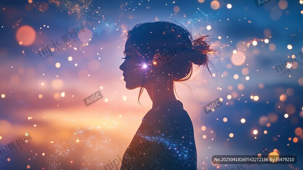 夢(mèng)幻星空下的女性剪影
