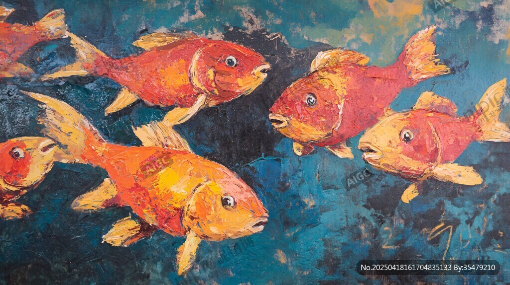 油畫中暢游的多彩金魚