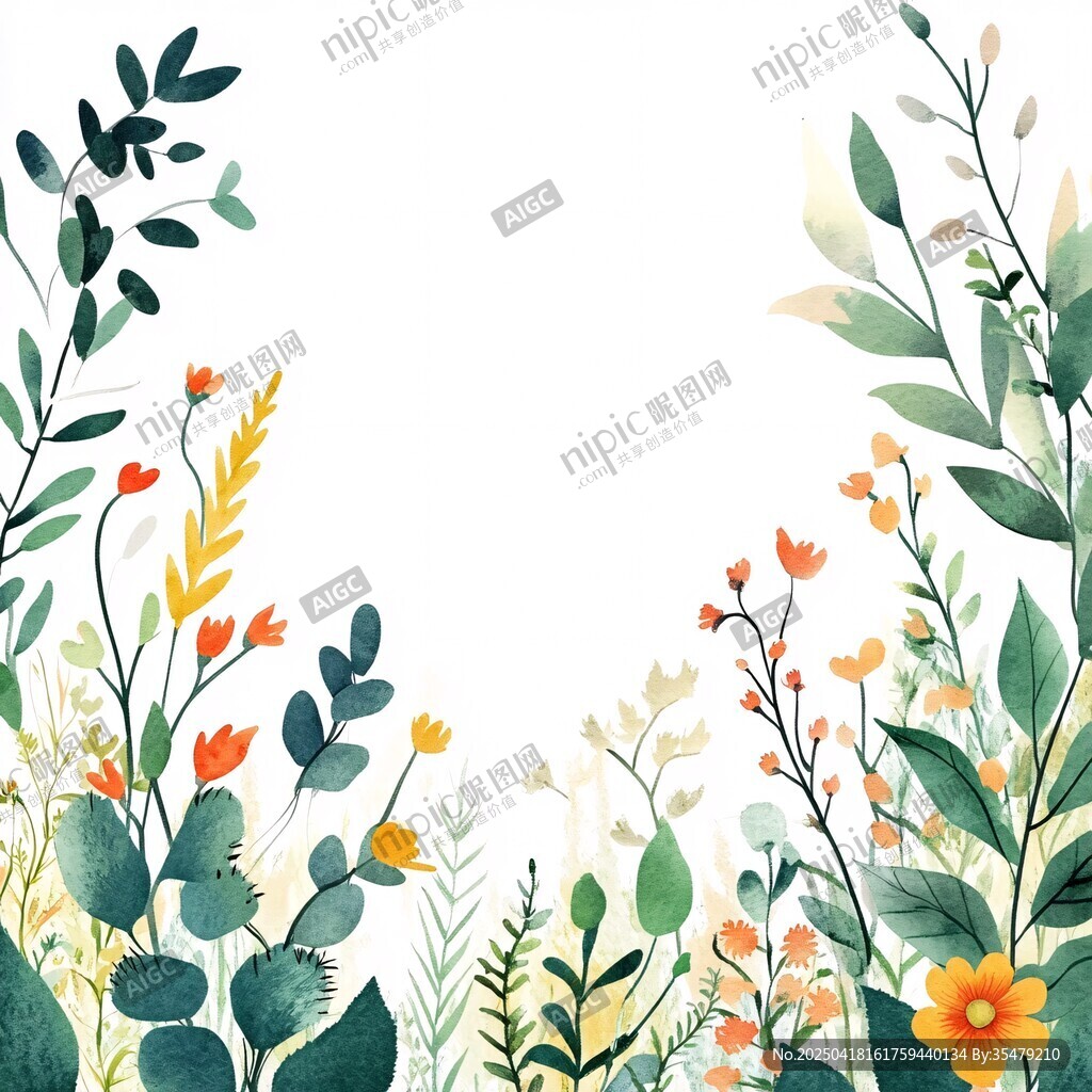 清新手繪花草邊框插畫
