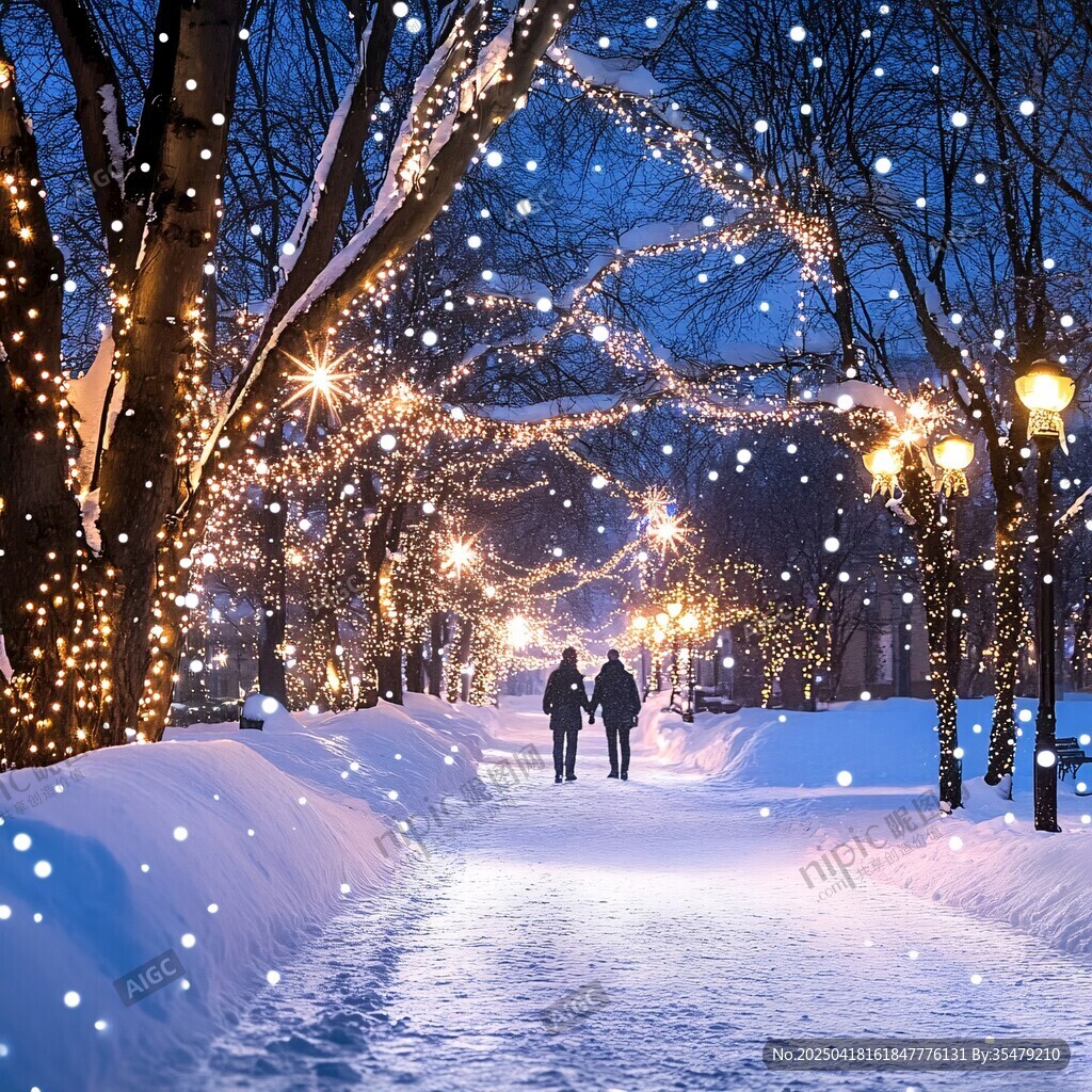 雪夜情侶漫步燈光小道