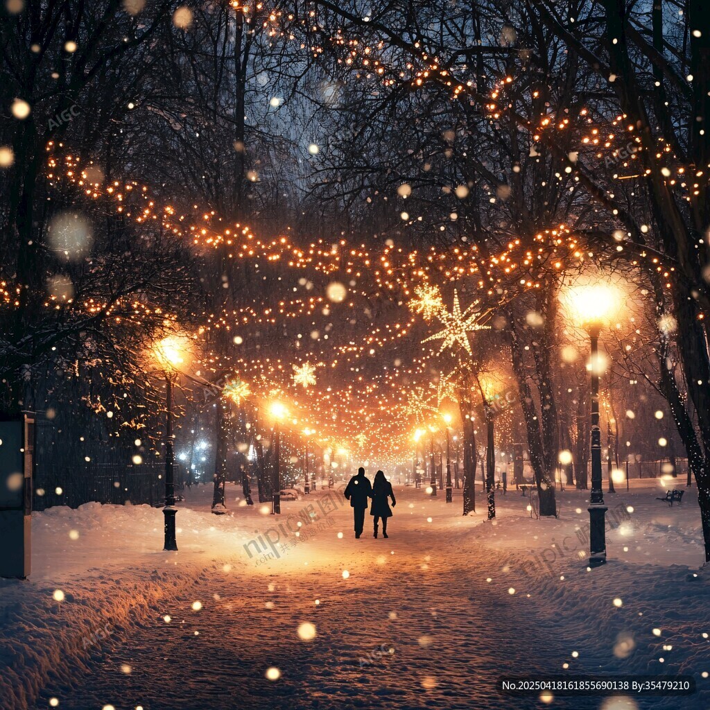 冬夜浪漫 情侶漫步燈光雪徑