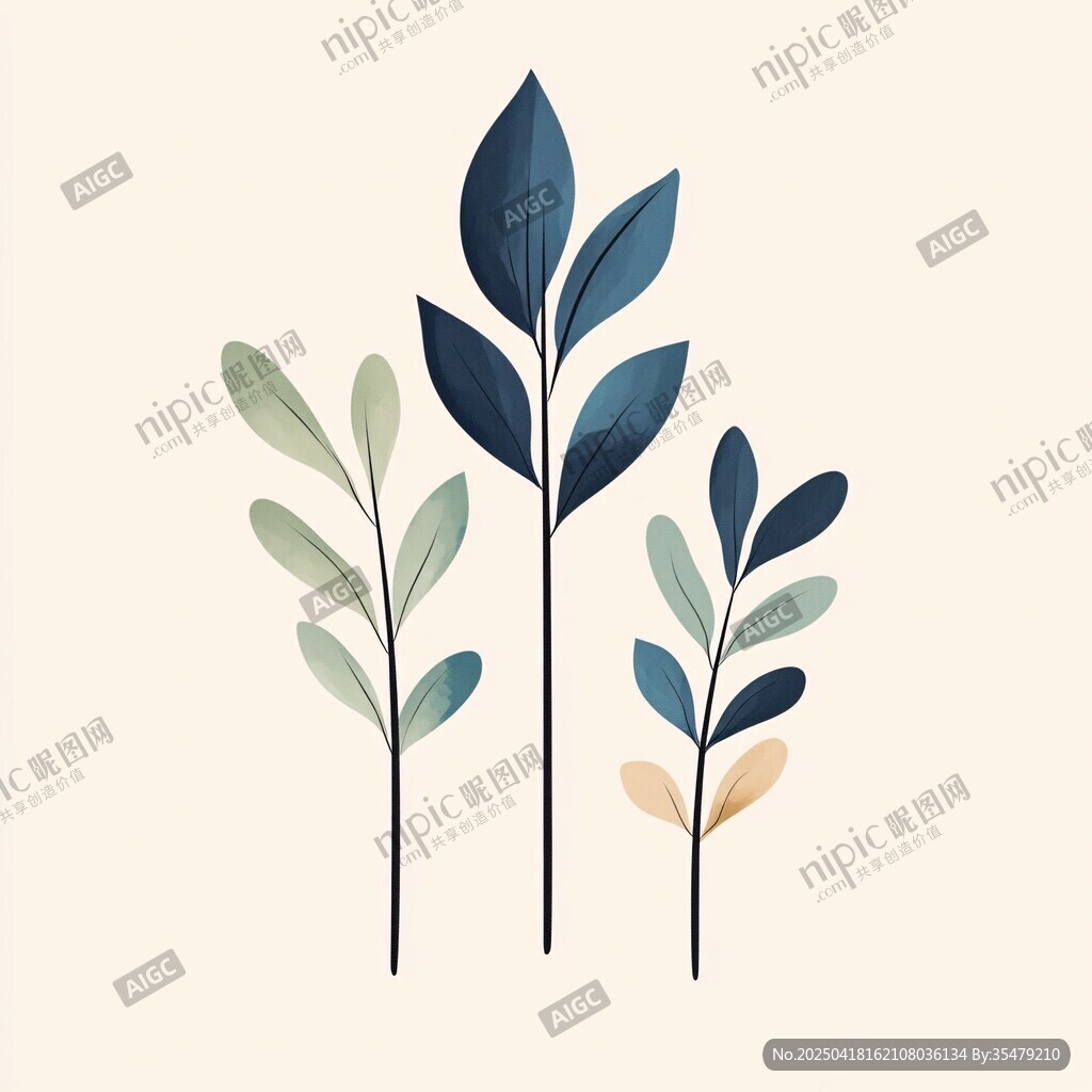 簡約風(fēng)三色植物枝葉插畫