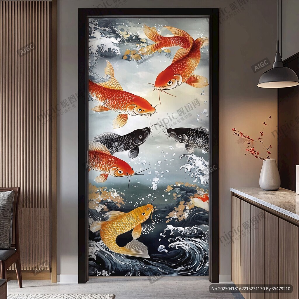 中式玄關錦鯉圖飾畫