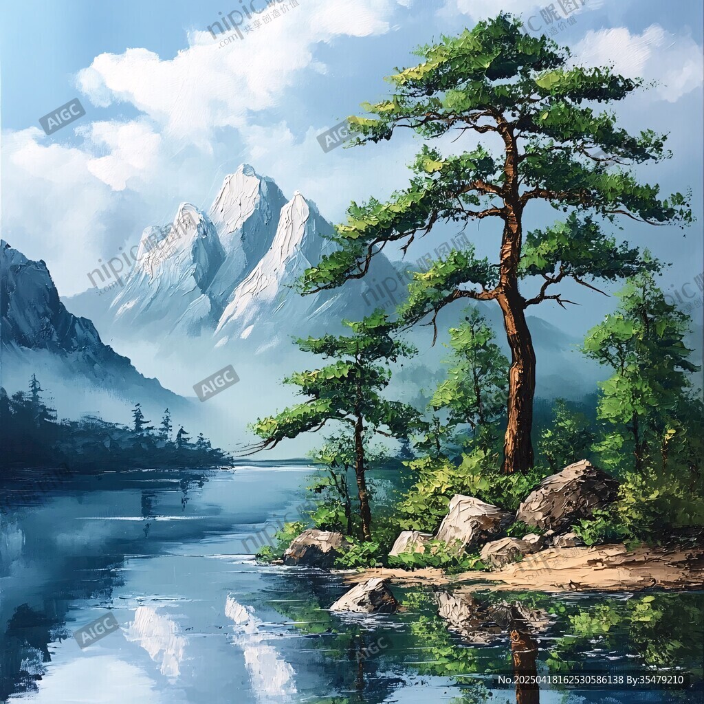 湖畔青松映遠(yuǎn)山美景