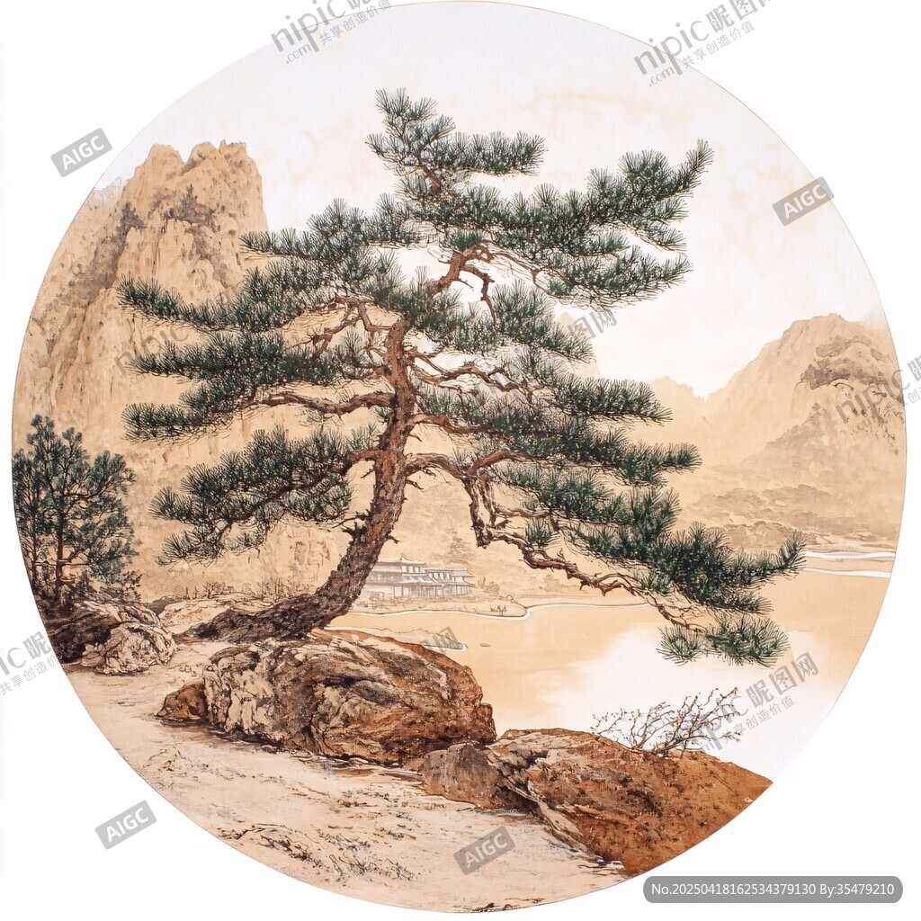 圓形山水間的蒼松圖