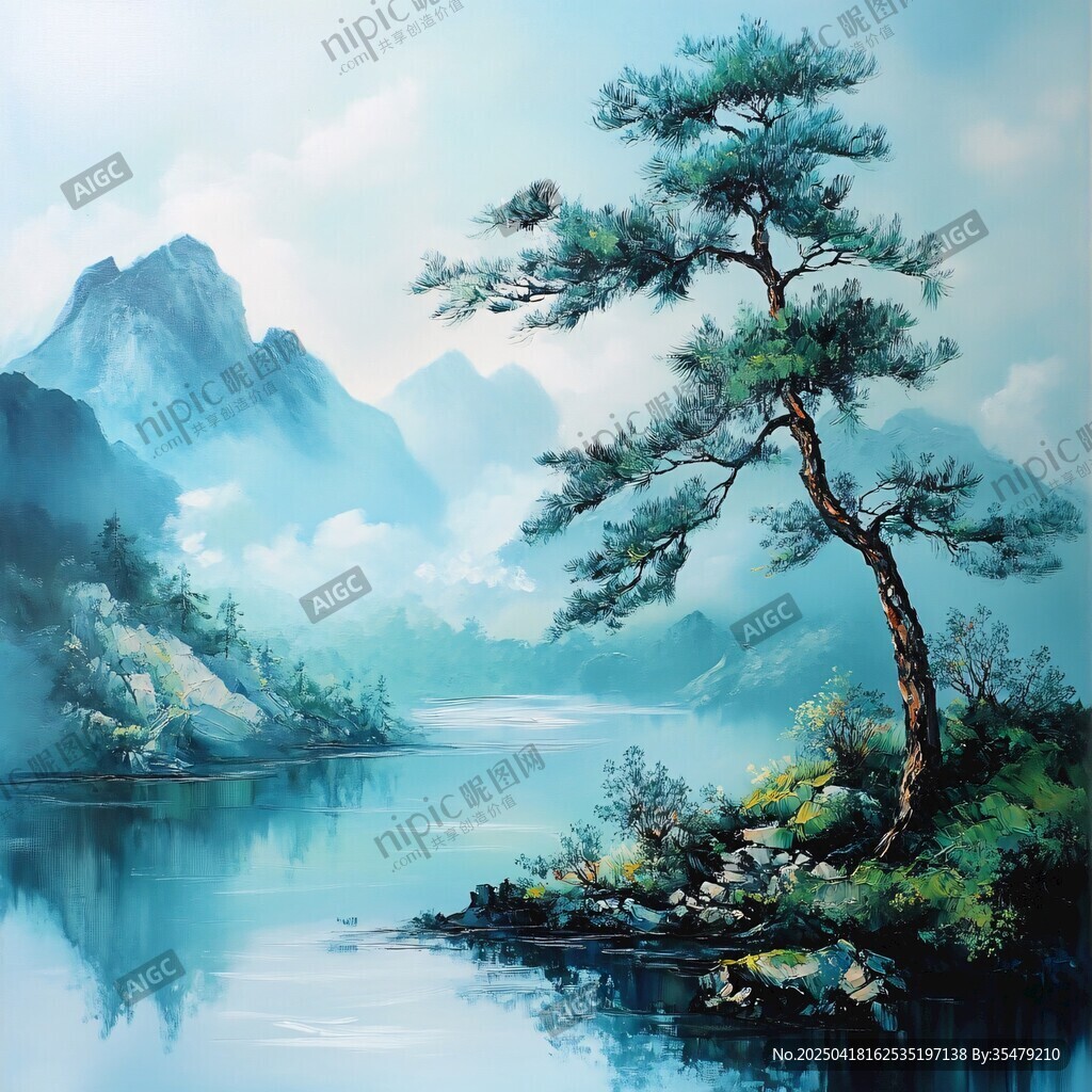 水墨山水间的孤松景致 水墨山水间的孤松景致