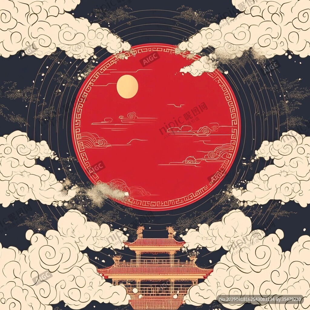 中式古韻月夜樓閣云海圖