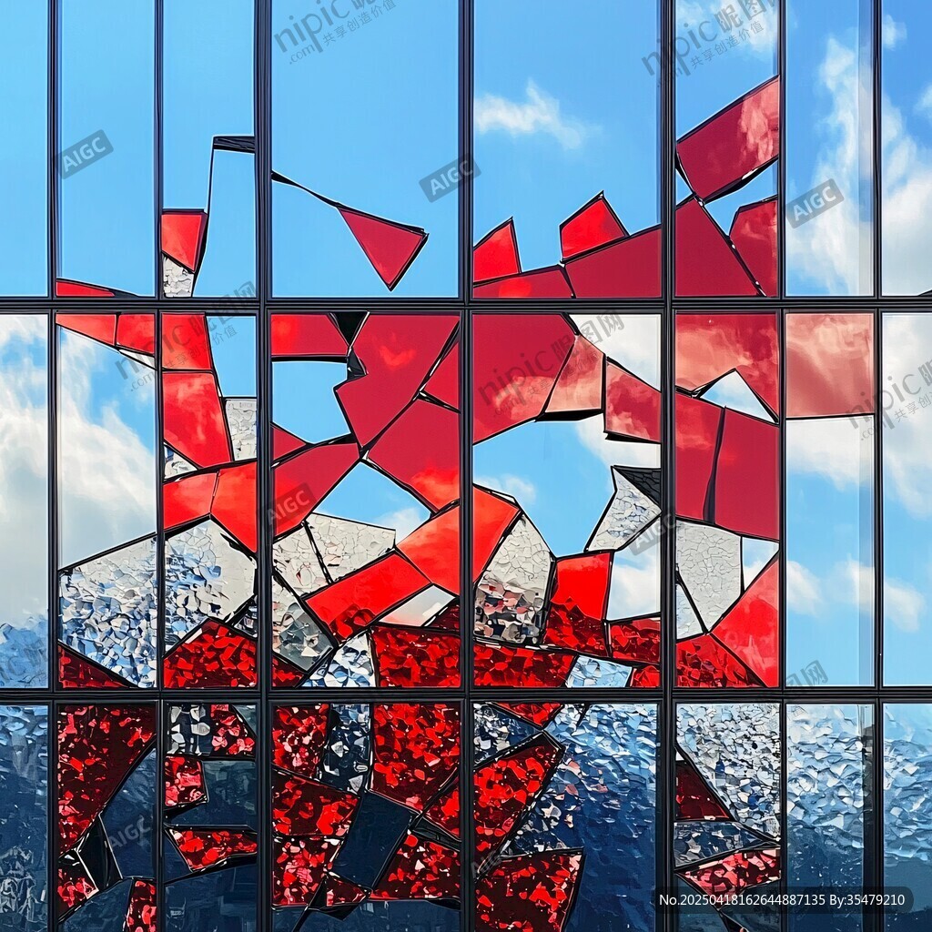 破碎紅玻璃后的藍天白云