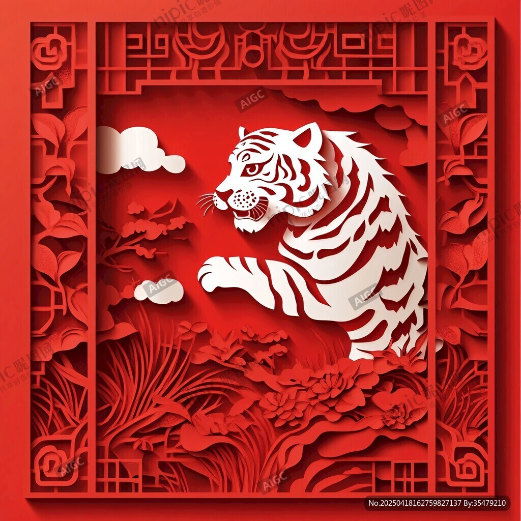 紅底剪紙虎的中式藝術(shù)圖景
