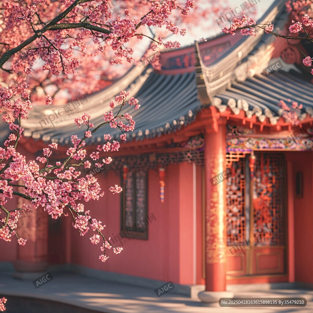 古風建筑旁的爛漫櫻花