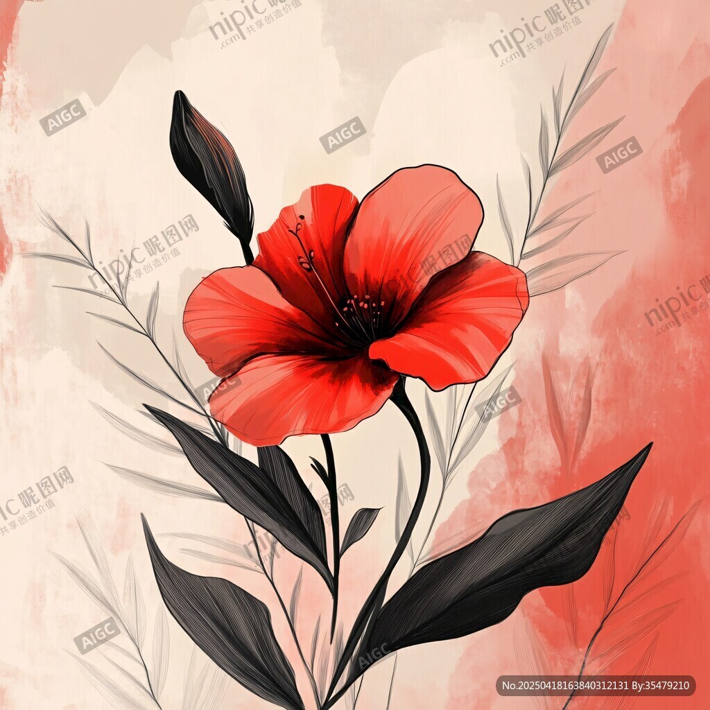艷麗紅槿花的藝術插畫