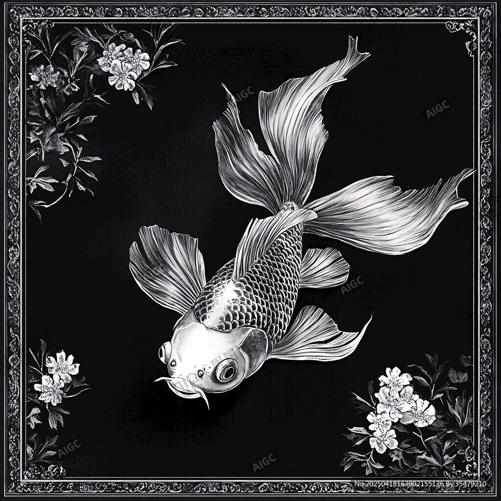 黑白錦鯉花卉裝飾圖案