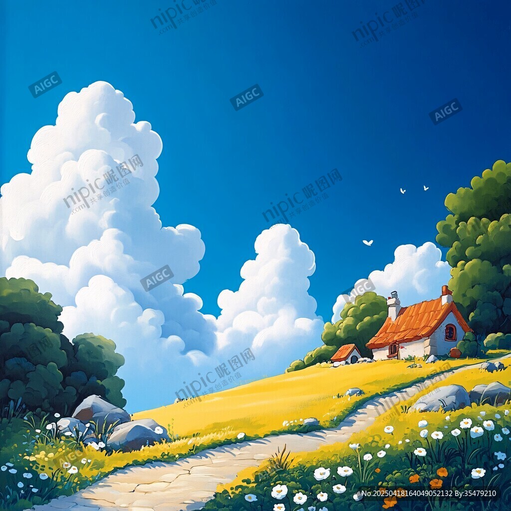 田園風光 小屋 繁花與藍天