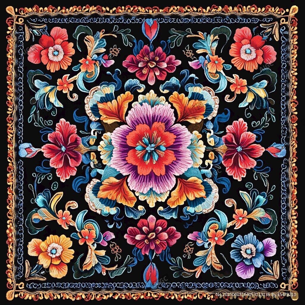 多彩花卉刺繡圖案方巾