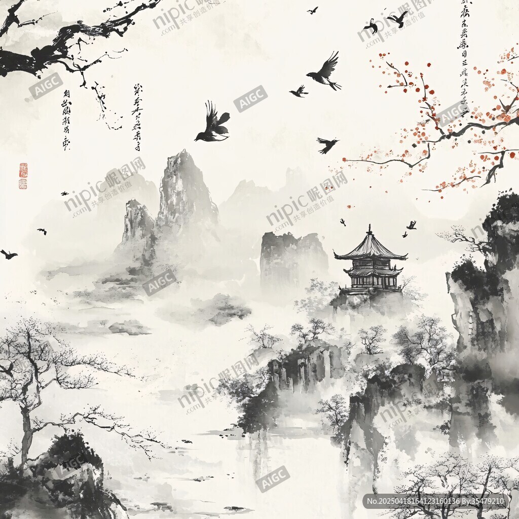 水墨山水間飛鳥伴古亭