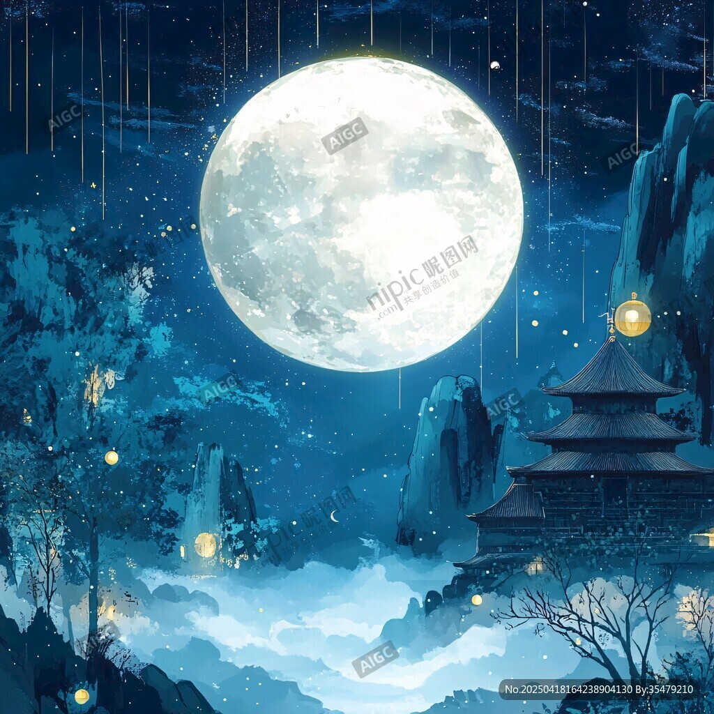月夜山林中的夢幻古風景致
