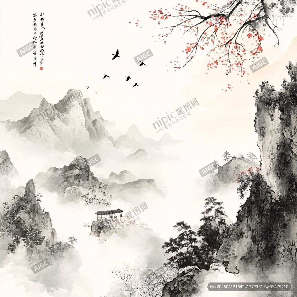 水墨山水間飛鳥紅梅點綴