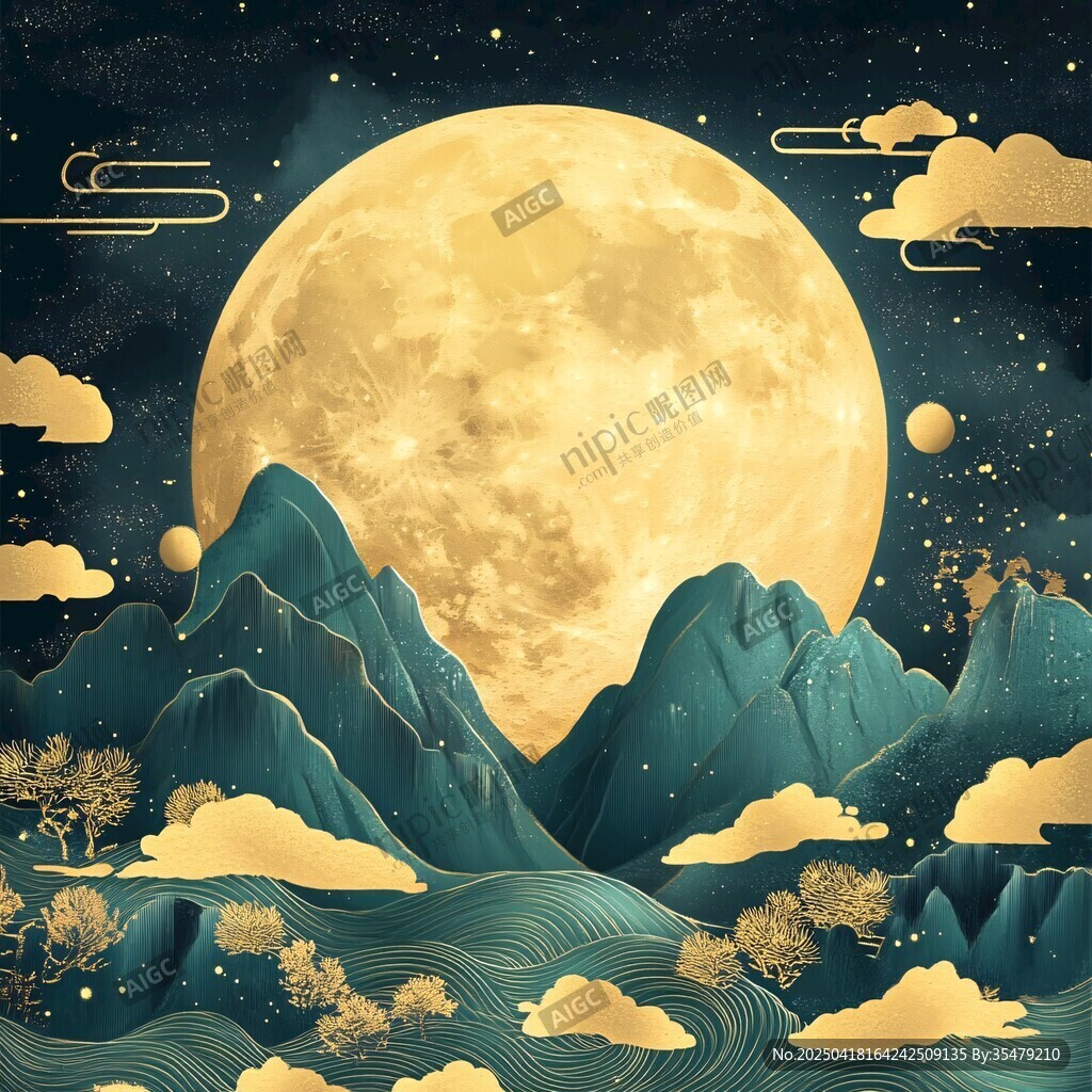 中秋月夜山巒夢(mèng)幻圖景