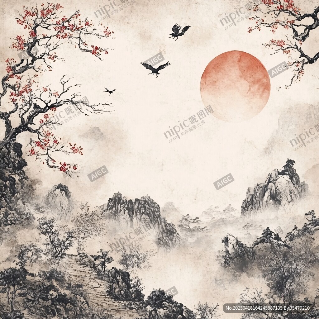 紅日飛鳥映山水墨畫卷