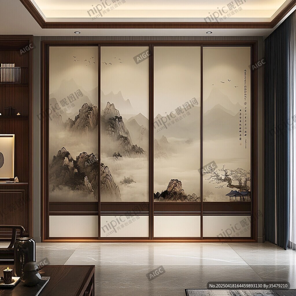 中式山水風(fēng)房間移門裝飾