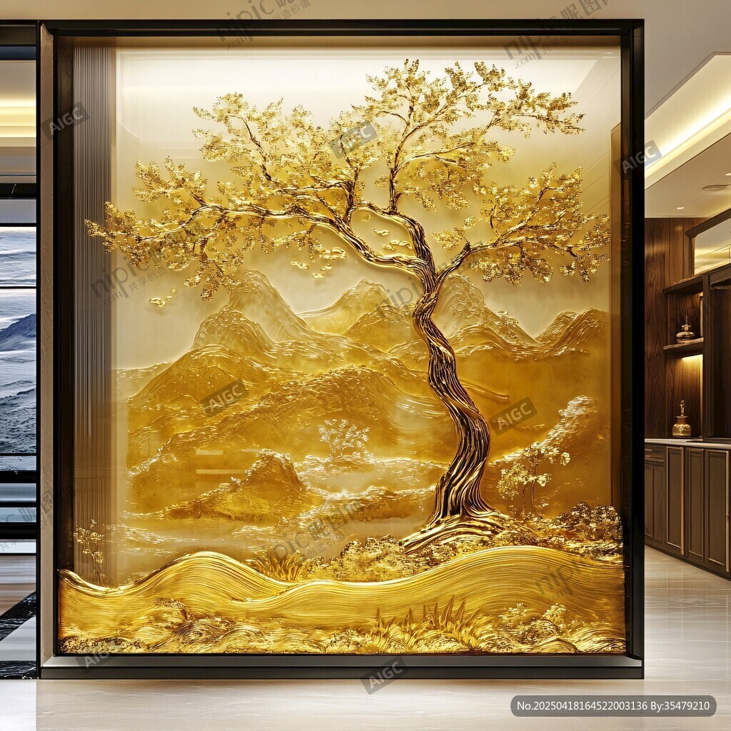 金色發(fā)財(cái)樹(shù)山水玄關(guān)裝飾畫