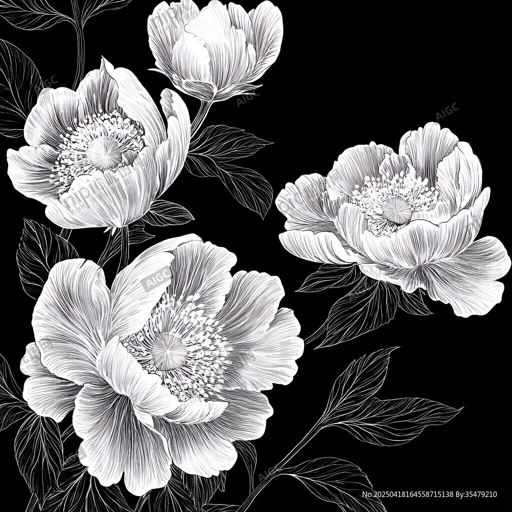 黑白花卉圖案 優(yōu)雅芍藥花