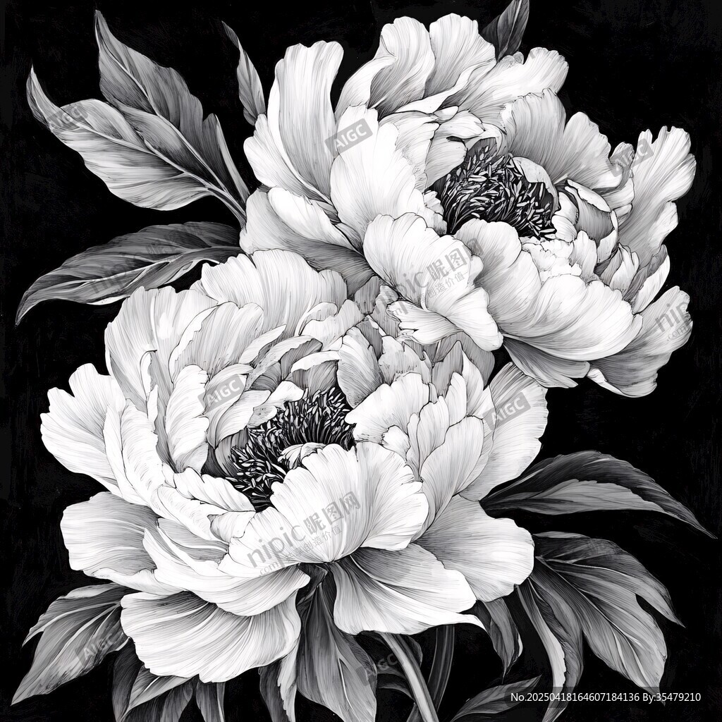 黑白牡丹花卉藝術(shù)插畫