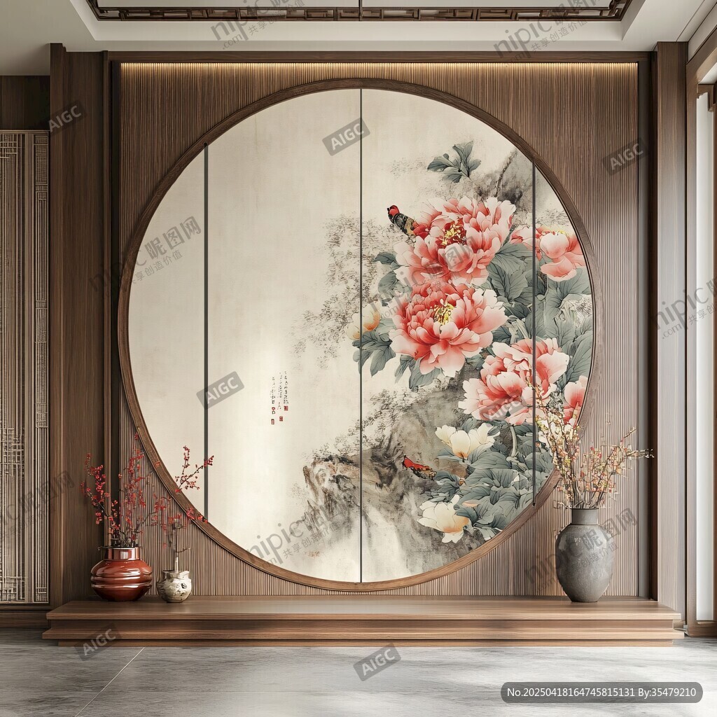 中式圓屏牡丹圖 雅致裝飾