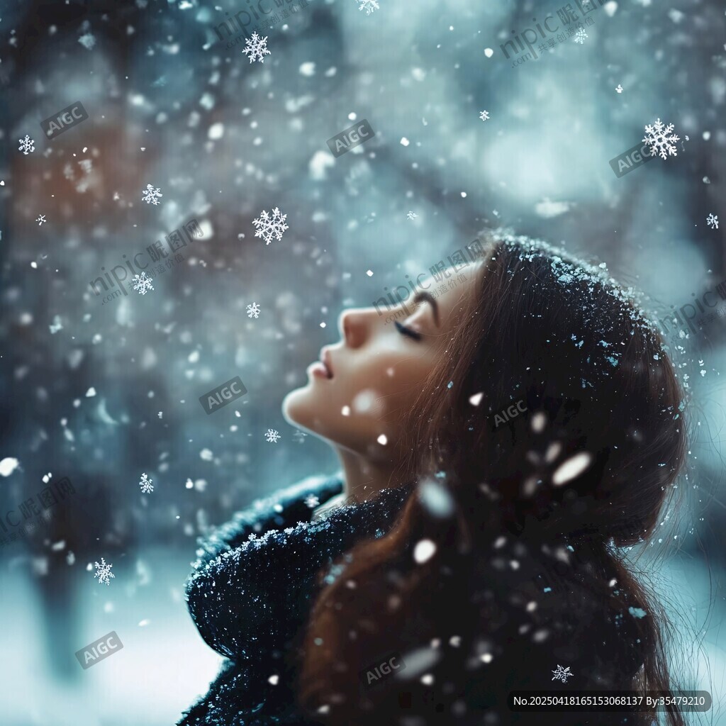 雪中女子閉眼享受飄雪時刻