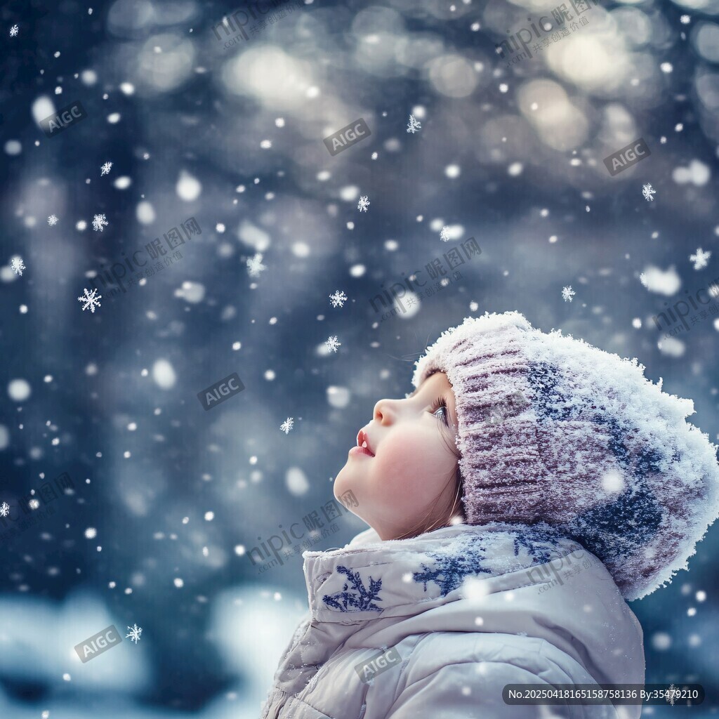 雪地中孩童仰頭賞雪瞬間