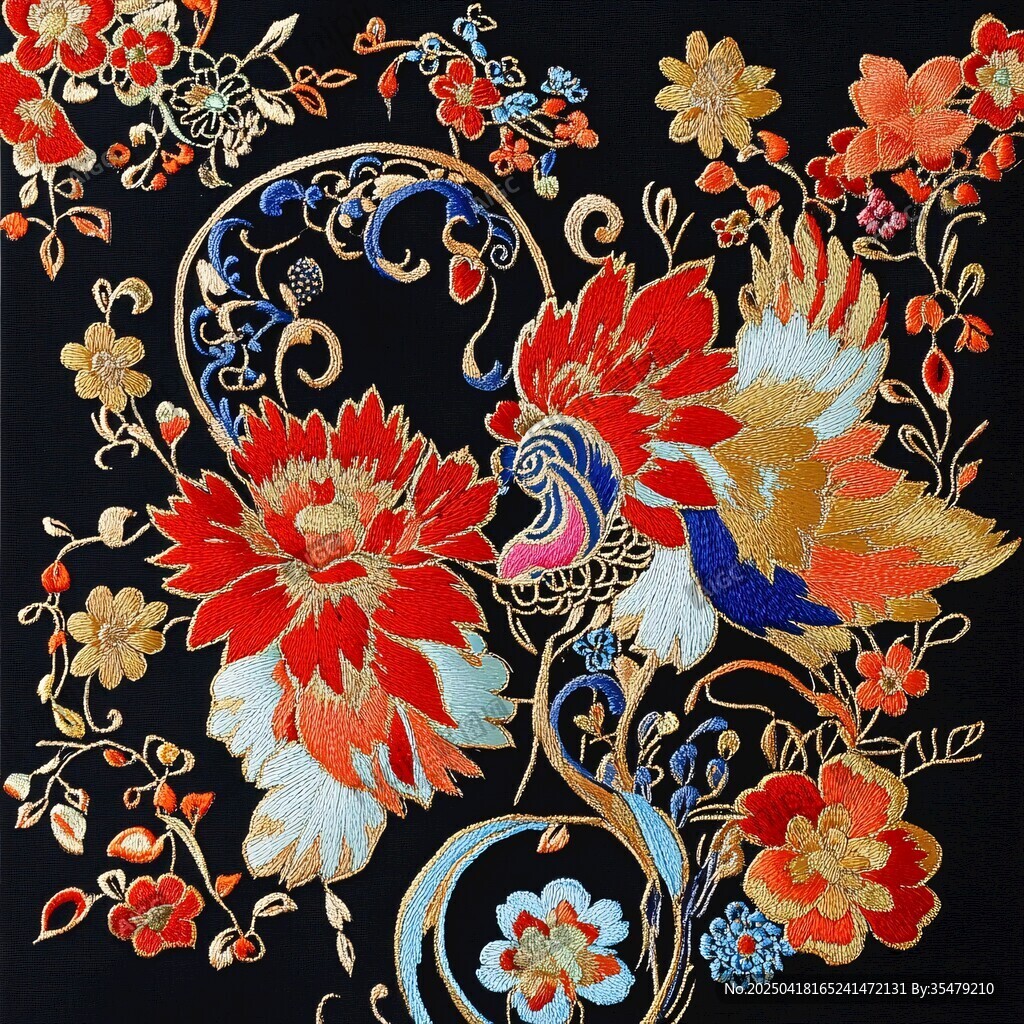 中式刺繡花卉鳳凰精美圖案