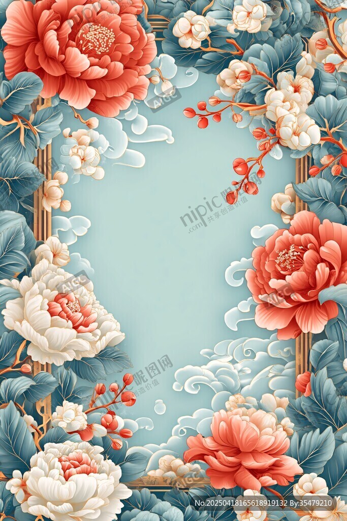 中式繁花邊框插畫背景圖