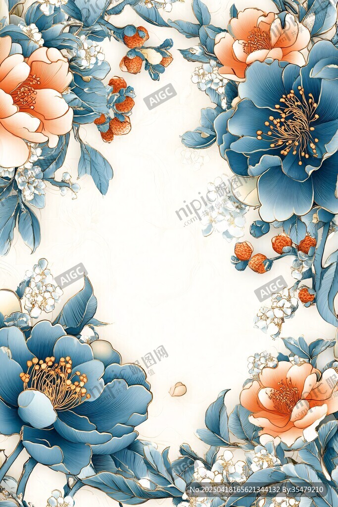 中式藍(lán)粉花卉邊框圖案