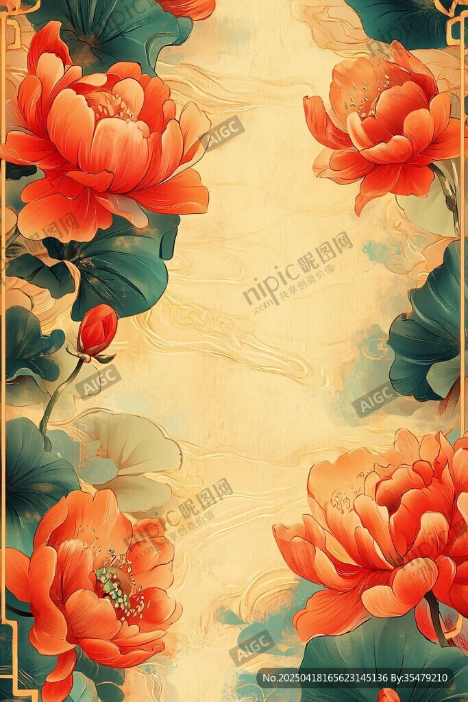 中式工筆風(fēng)盛開的艷麗牡丹