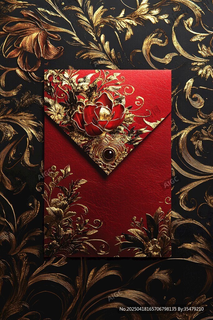 中式奢華紅金雕花信封
