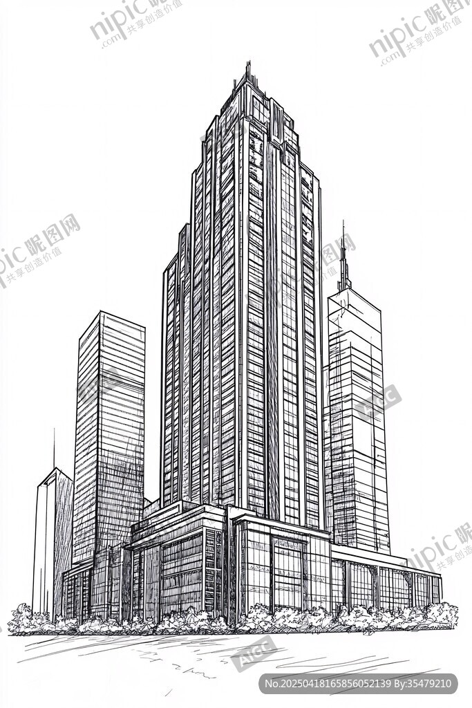 城市摩天大樓建筑線稿圖