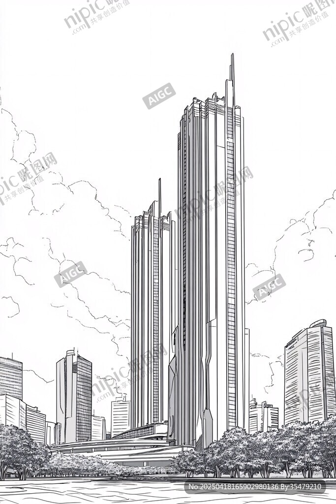 現(xiàn)代都市高樓建筑線稿圖