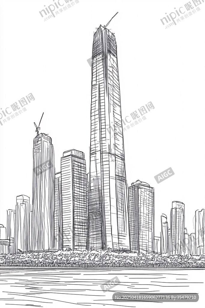 城市摩天大樓手繪景觀圖