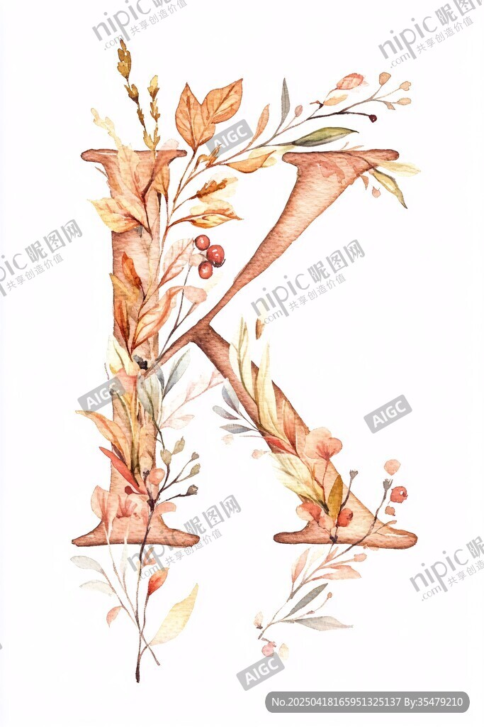 水彩繪秋季花卉字母K