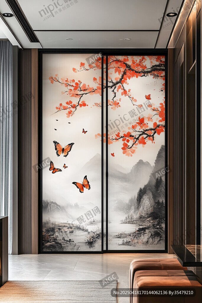 中式屏風(fēng) 蝶舞繁花山水間